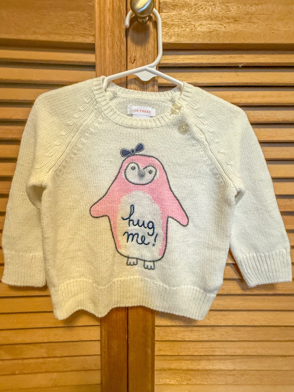 Joe Fresh Cream Sweater with Pink Penguin Graphic